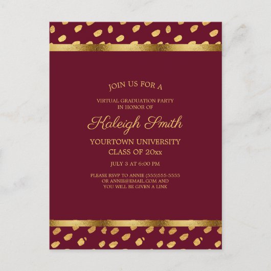 Burgundy Gold Virtual Quarantine Graduation Party Briefkaart (Voorkant)