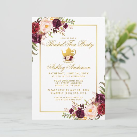 Burgundy Gold Vrijgezellenfeest Tea Party Invite B Kaart (Staand voorkant)