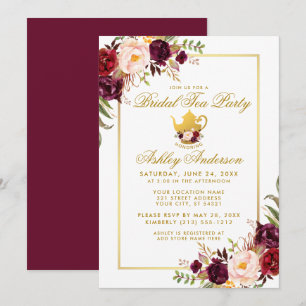 Burgundy Gold Vrijgezellenfeest Tea Party Invite B Kaart