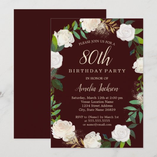 Burgundy Gold Waterverf met 80ste verjaardag Kaart (Voorkant / Achterkant)