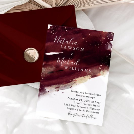 Burgundy Gold Waterverf Wedding Invitation Kaart