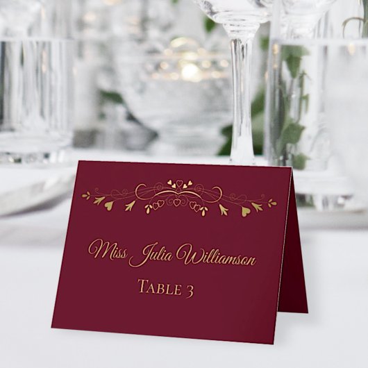 Burgundy & Gold Wedding DIY Fold Place Card Kaart