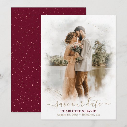 Burgundy Gold Wedding Photo Save Our Date Kaart (Voorkant / Achterkant)
