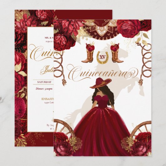 Burgundy Gold Western Charro 2-Sided Quinceanera I Kaart (Voorkant / Achterkant)