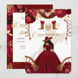 Burgundy Gold Western Charro 2-Sided Quinceanera I Kaart