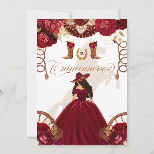 Burgundy Gold Western Charro 2-Sided Quinceanera Kaart (Voorkant)