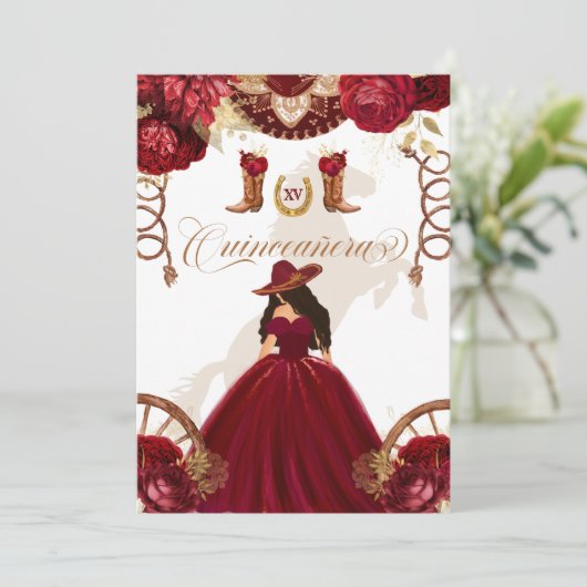 Burgundy Gold Western Charro 2-Sided Quinceanera Kaart (Staand voorkant)