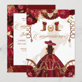 Burgundy Gold Western Charro 2-Sided Quinceañera Kaart