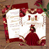 Burgundy Gold Western Charro 2-Sided Quinceanera Kaart