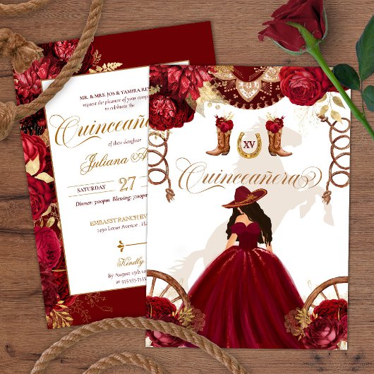 Burgundy Gold Western Charro 2-Sided Quinceanera Kaart