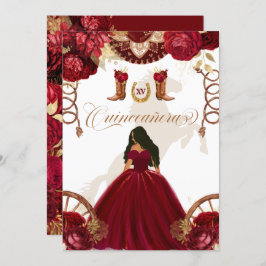 Burgundy Gold Western Charro 2-Sided Quinceanera Kaart