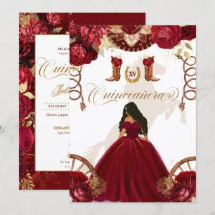 Burgundy Gold Western Charro 2-Sided Quinceanera Kaart