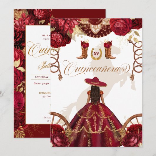 Burgundy Gold Western Charro 2-Sided Quinceañera Kaart (Voorkant / Achterkant)