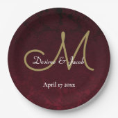 Burgundy Gold White Floral Weddenschap Monogram Papieren Bordje (Voorkant)