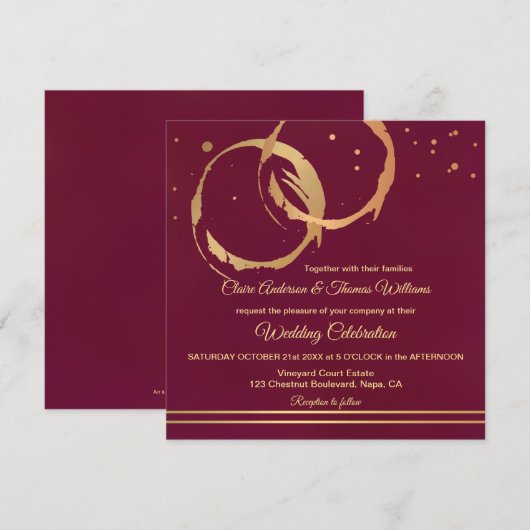 Burgundy Gold Wine Stain Rings Wedding Invitation Kaart (Voorkant / Achterkant)