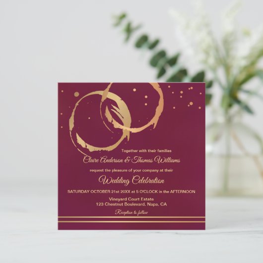 Burgundy Gold Wine Stain Rings Wedding Invitation Kaart (Staand voorkant)