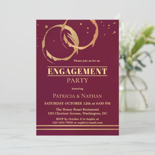 Burgundy Gold Wine Stain Verloving Invitation Kaart (Staand voorkant)