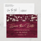 Burgundy Gold Wood String Lights Script Wedding Aankondigingskaart (Voorkant / Achterkant)