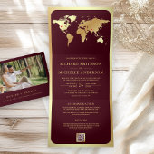 Burgundy Gold World Map QR Code Photo Wedding Drieluik Uitnodiging