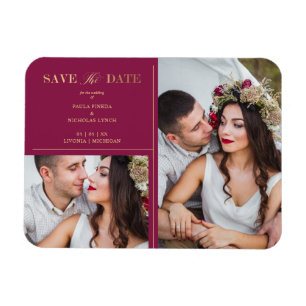 Burgundy Golden 2 Foto's Minimalist Wedding Date Magneet