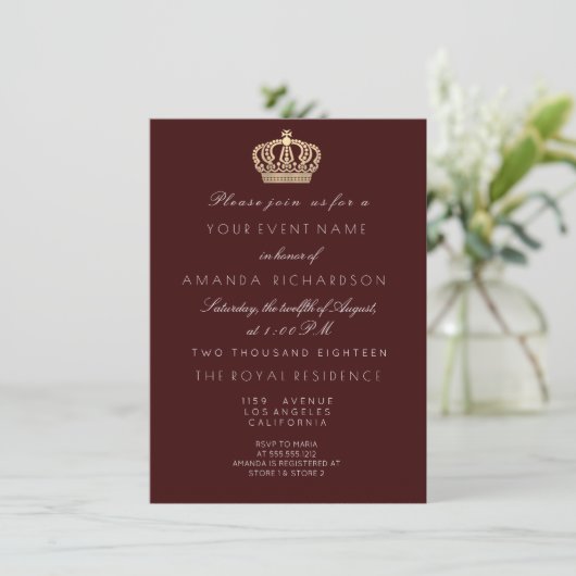 Burgundy Golden Crown Royal Glitter 16e Bridal Kaart (Staand voorkant)