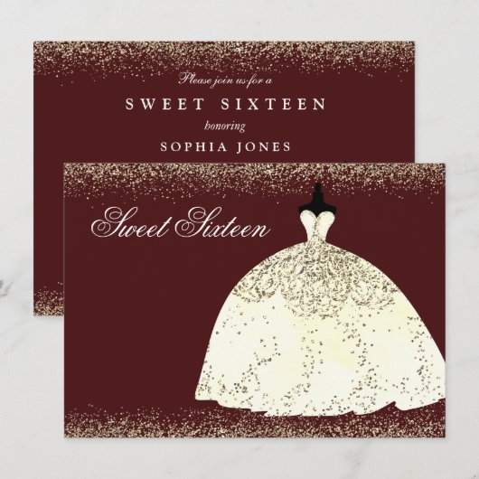 Burgundy Golden Dress Glitter Sweet 16 Invite Kaart (Voorkant / Achterkant)