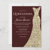 Burgundy Golden Dress Quinceanera Party Invite Kaart (Voorkant)