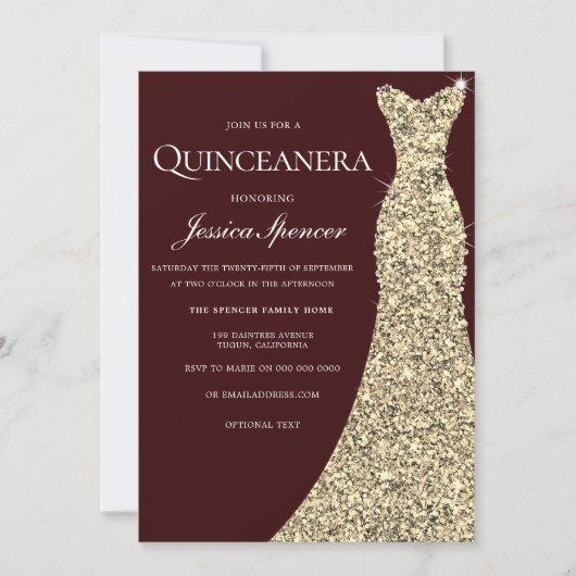 Burgundy Golden Dress Quinceanera Party Invite Kaart (Voorkant)