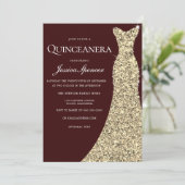Burgundy Golden Dress Quinceanera Party Invite Kaart (Staand voorkant)