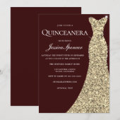 Burgundy Golden Dress Quinceanera Party Invite Kaart (Voorkant / Achterkant)