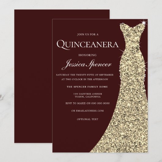 Burgundy Golden Dress Quinceanera Party Invite Kaart (Voorkant / Achterkant)