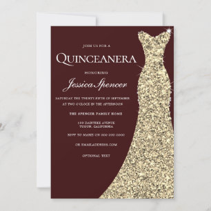 Burgundy Golden Dress Quinceanera Party Invite Kaart