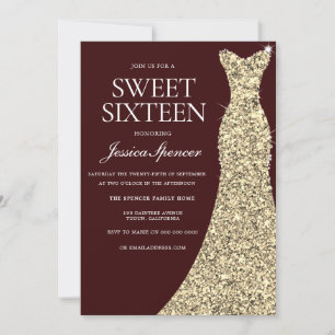 Burgundy Golden Dress Sweet 16 Invite Kaart
