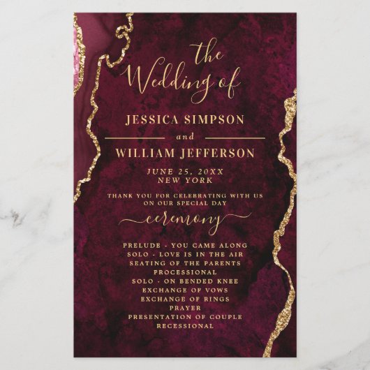 Burgundy Golden Marble Wedding Ceremony Program (Voorkant)
