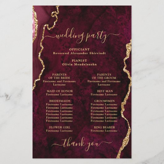 Burgundy Golden Marble Wedding Ceremony Program (Achterkant)