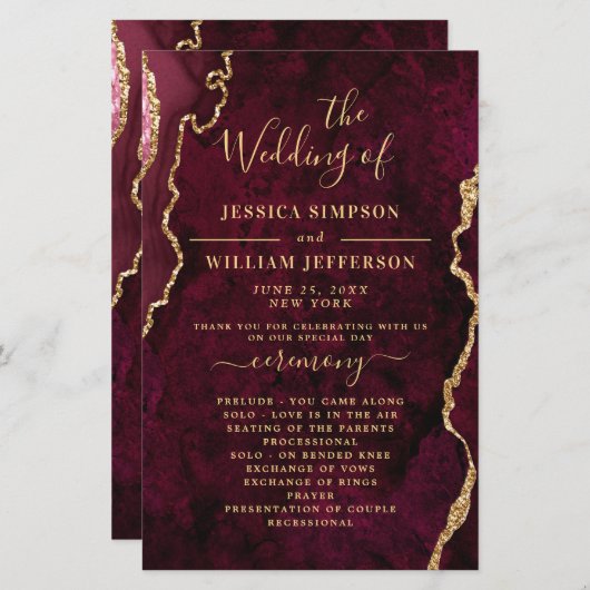 Burgundy Golden Marble Wedding Ceremony Program (Voorkant / Achterkant)