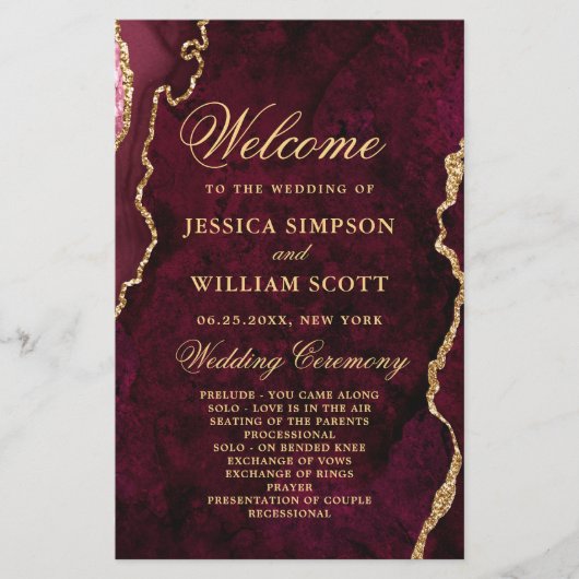 Burgundy Golden Marble Wedding Ceremony Program (Voorkant)