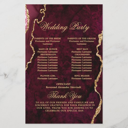 Burgundy Golden Marble Wedding Ceremony Program (Achterkant)