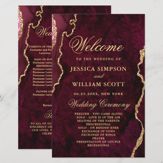 Burgundy Golden Marble Wedding Ceremony Program (Voorkant / Achterkant)