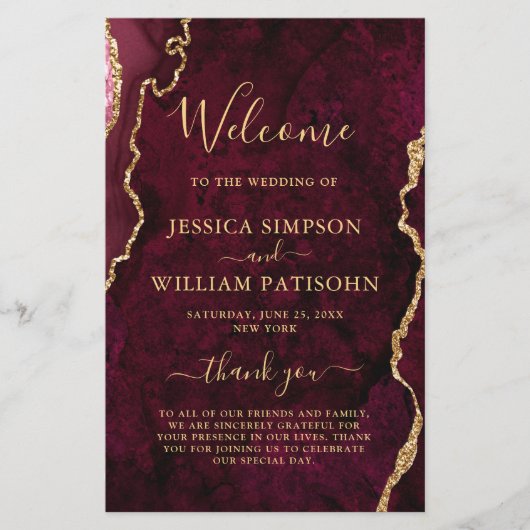 Burgundy Golden Marble Wedding Ceremony Program (Voorkant)