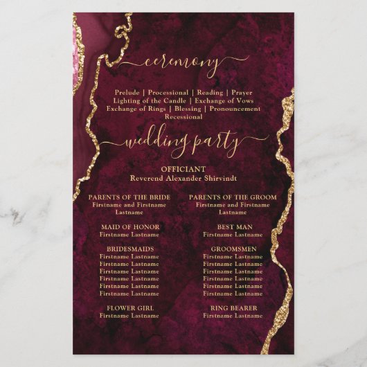 Burgundy Golden Marble Wedding Ceremony Program (Achterkant)