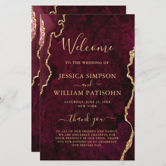 Burgundy Golden Marble Wedding Ceremony Program (Voorkant / Achterkant)