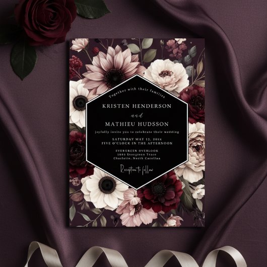 Burgundy Gothic Bloom Wedding Kaart