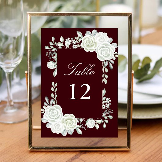 Burgundy Gothic White Roses Wedding Table Numbers Kaart