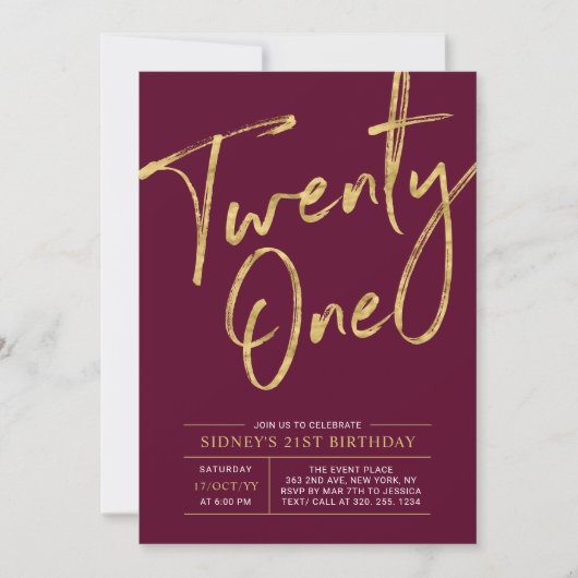 Burgundy & Goud 21e Verjaardagsfeest Uitnodiging (Voorkant)