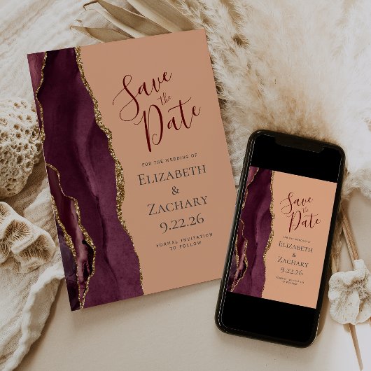 Burgundy Goud Agaat Perzik Save the Date Aankondiging