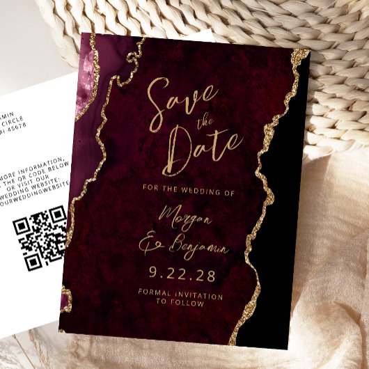 Burgundy Goud Agaat QR Code Bewaar de Datum Aankondigingskaart
