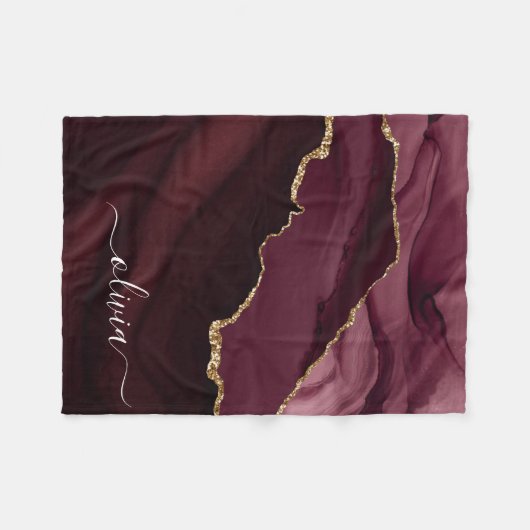 Burgundy Goud Agate Geode Gouden Monogram Fleece Deken (Voorkant (Horizontaal))