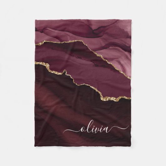 Burgundy Goud Agate Geode Gouden Monogram Fleece Deken (Voorkant)