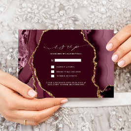 Burgundy & Goud Agate Huwelijks RSVP Kaart
